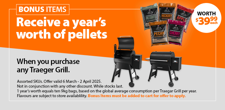 Receive a year’s worth of pellets when you purchase any Traeger Grill. Includes ten 9kg bags, valued at $39.99 each. Offer valid 6 March - 2 April 2025. Flavours subject to store availability. While stocks last.