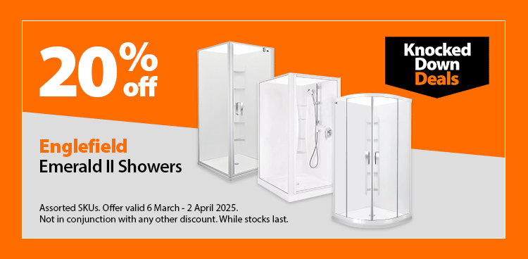 Englefield Emerald II Showers, 20% off. Knocked Down Deals offer valid 6 March - 2 April 2025. While stocks last.