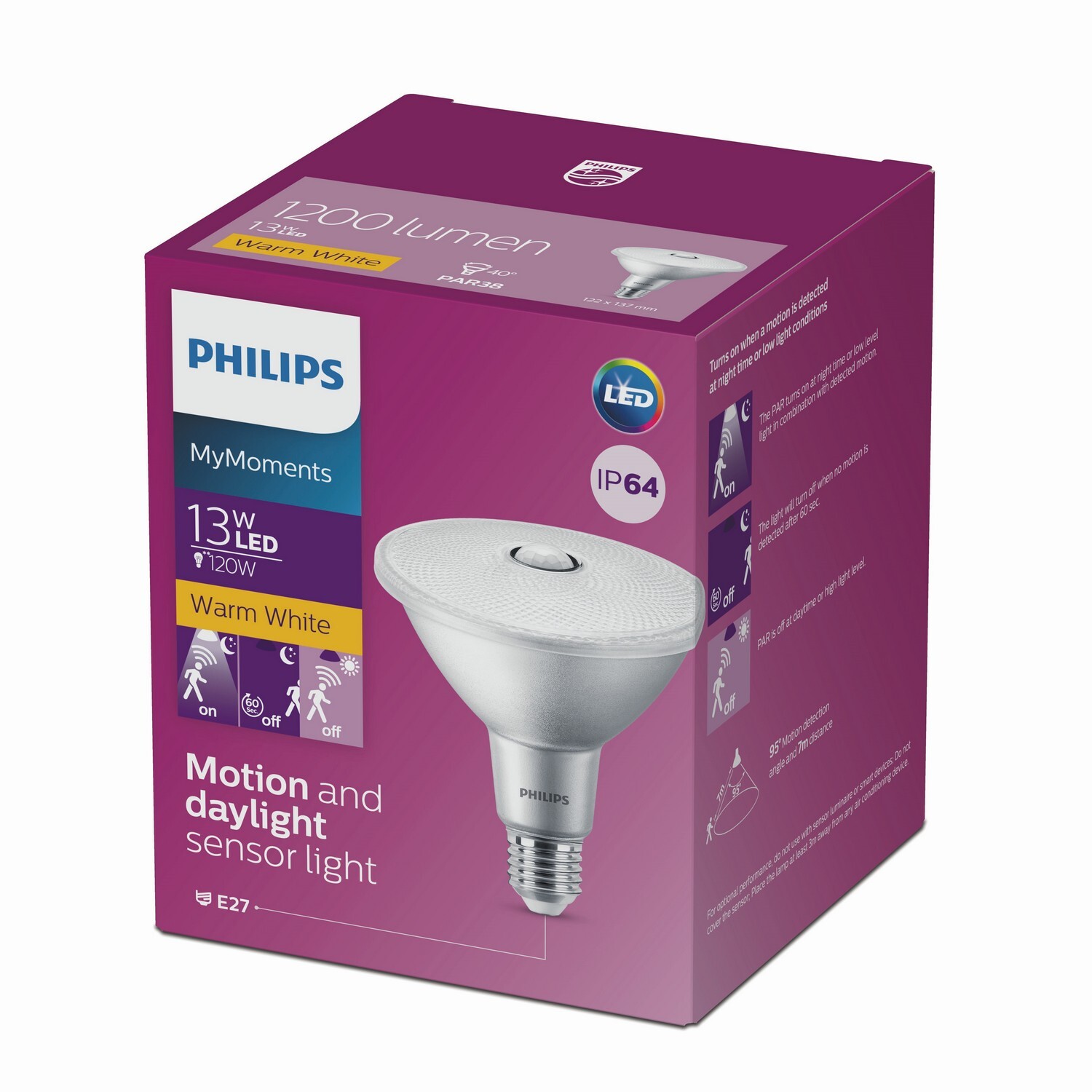 Philips LED Montion Sensor PAR38 Light Bulb E27, 13 Watts Warm White