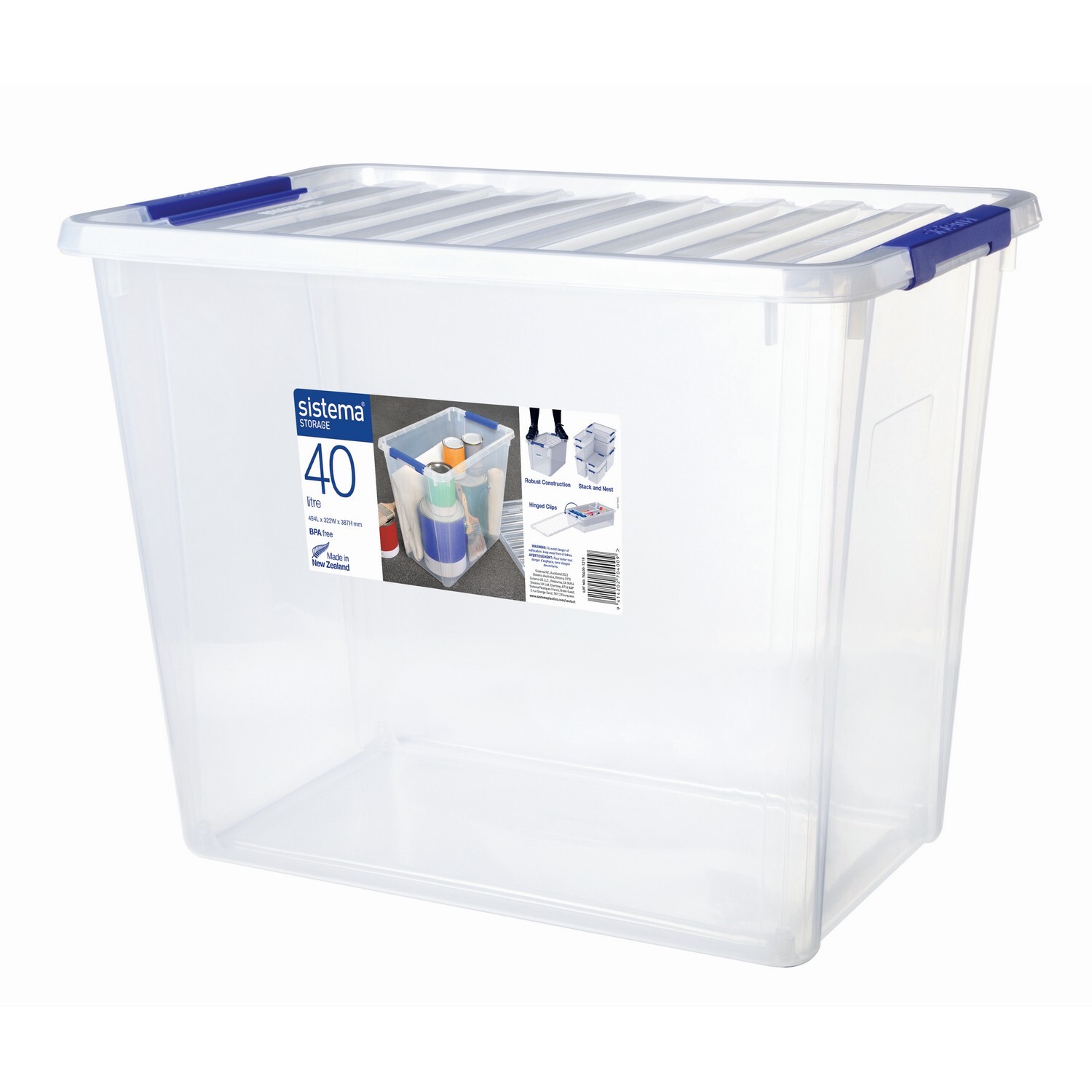 Sistema | Storage Bin & Lid 40 litre Clear/Blue Klips | Mitre10