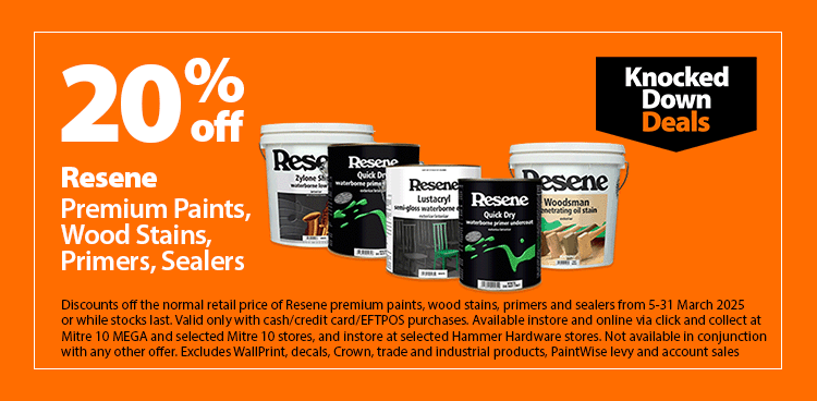  20 percent off Resene Premium Paints, Wood Stains, Primers, Sealers 5-31 March 2025