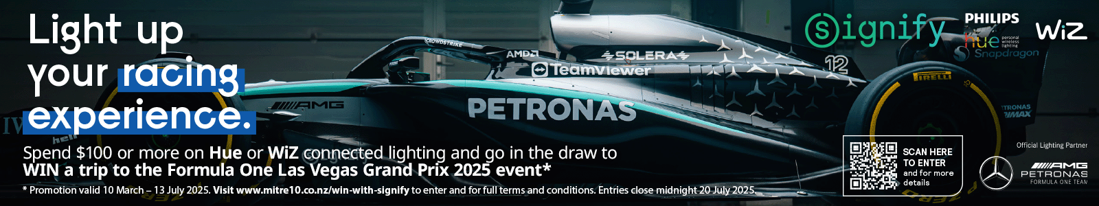 Spend $100 or more on Hue or WiZ connected lighting and go in the draw to  WIN a trip to the Formula One Las Vegas Grand Prix 2025 event*