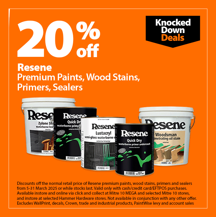  20 percent off Resene Premium Paints, Wood Stains, Primers, Sealers 5-31 March 2025